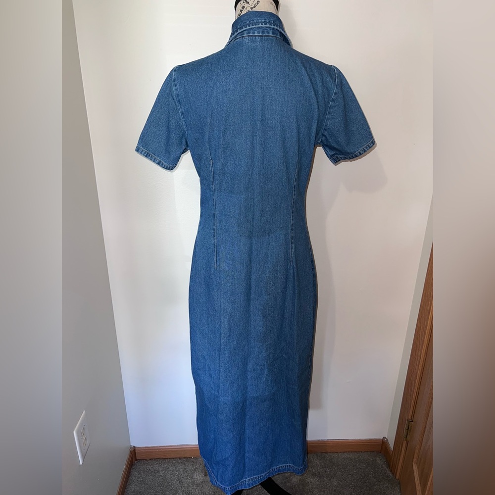 Expressions 90s Vintage Denim Button Front Midi Dress Small 100% Cotton Collared - Picture 6 of 11